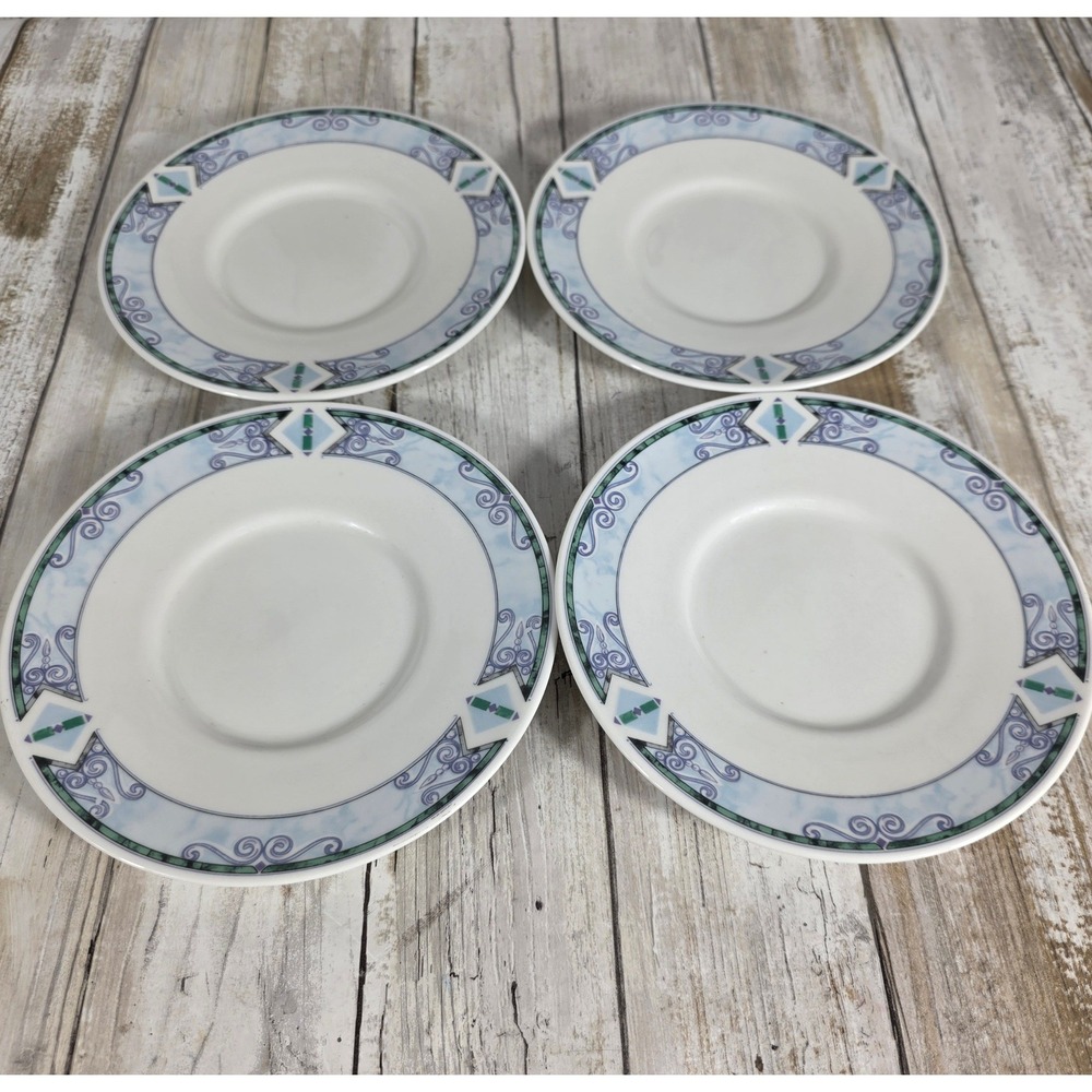 Lynns Fine China Saucers Set of 4 Blue Green Purple Geometric Scroll 6.25 Inch